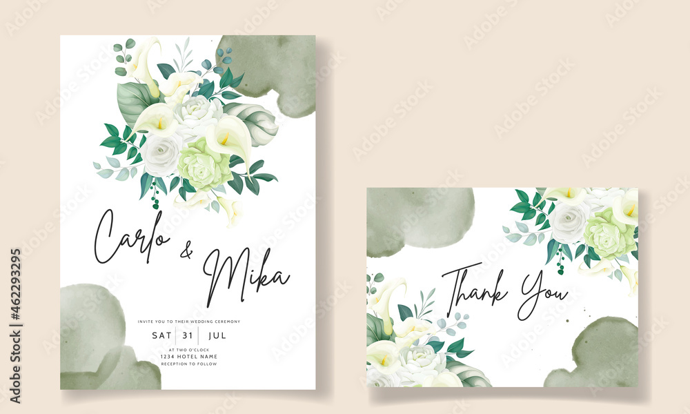 beautiful hand drawn rose and calla lily flower wedding invitation card