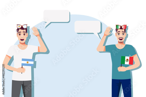 The concept of international communication, sports, education, business between Argentina and Mexico. Men with Argentine and Mexican flags. Vector illustration.