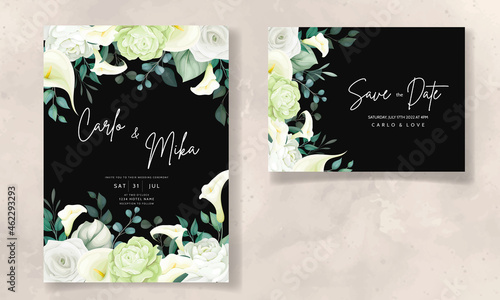 beautiful hand drawn rose and calla lily flower wedding invitation card