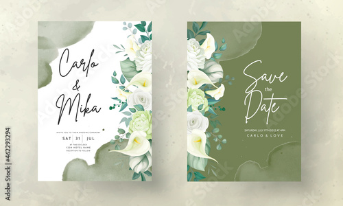 beautiful hand drawn rose and calla lily flower wedding invitation card