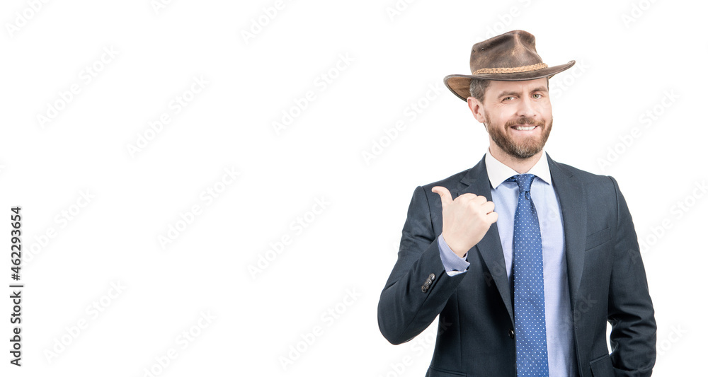 Look no further than that. Advertising manager isolated on white. Advertising gesture, copy space Look no further than that. Advertising manager isolated on white. Advertising gesture, copy space