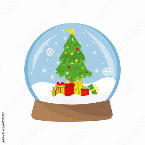 Magic glass snow globe with Christmas tree, gift box, snowflakes. Isolated on white background. Vector illustration. 