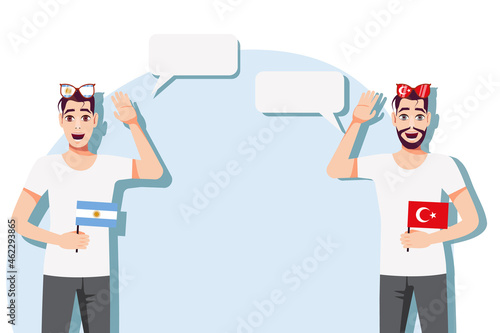 Men with Argentine and Turkish flags. Background for text. Communication between native speakers of Argentina and Turkey. Vector illustration.