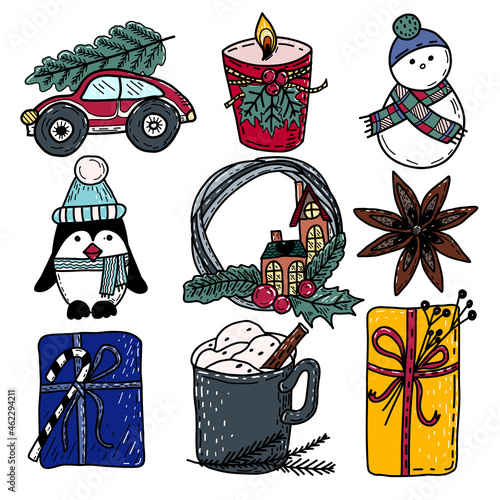 Christmas set of vector doodle illustrations. Hand drawn outline elements for your design. Snowman, Christmas tree, christmas ball, gift box, little penguin, christmas stocking, knitted hat, wreath