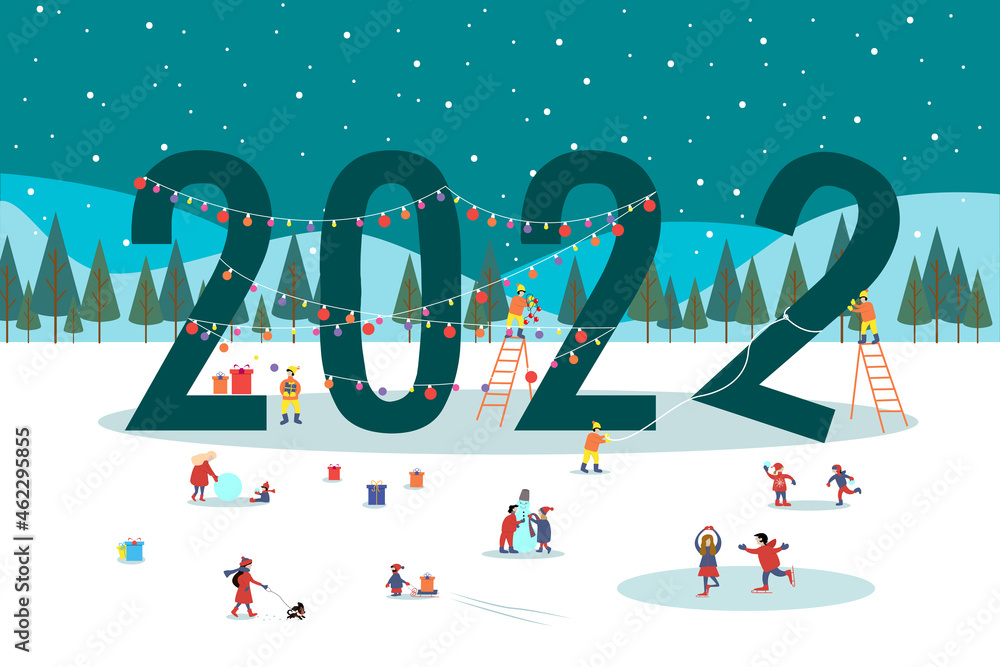 2022 New Year winter park with people. family recreation, ice skating, sledding, snowball fight. Christmas scene - obrazy, fototapety, plakaty 