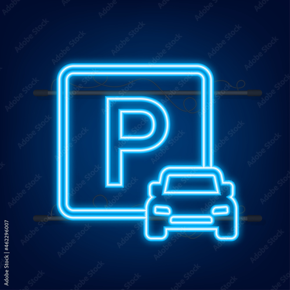 Template with blue parking. Logo, icon, label. Neon icon. Web element. Vector stock illustration Template with blue parking. Logo, icon, label. Neon icon. Web element. Vector stock illustration