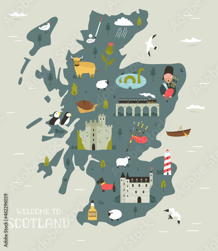 Vector illustrated map of Scotland with famous symbols