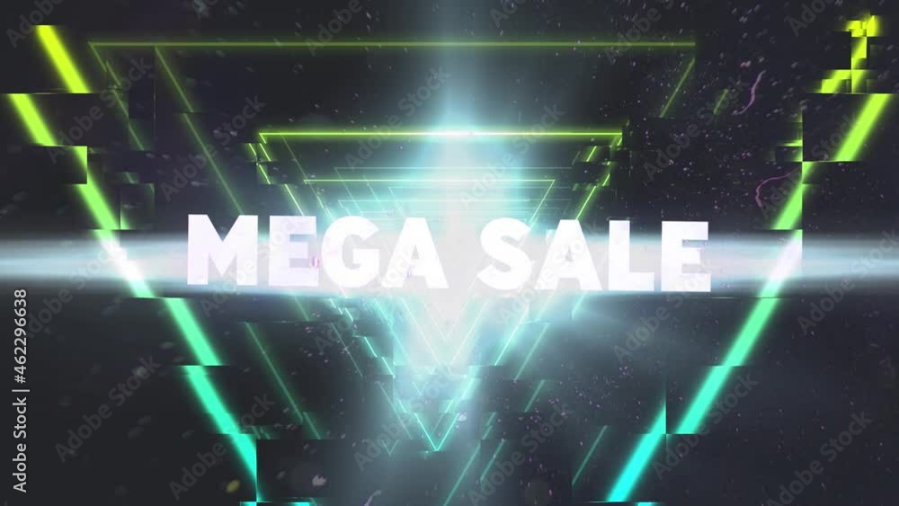 Animation of mega sale in white text distorting over yellow neon triangles on black background Animation of mega sale in white text distorting over yellow neon triangles on black background