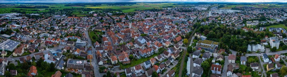 Aerial view around the city Bad Saulgau in Germany on a cloudy day in summer
