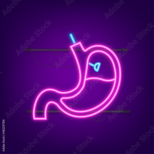 Stomach endoscopy. Endoscope in stomach through esophagus. Neon style. Vector illustration