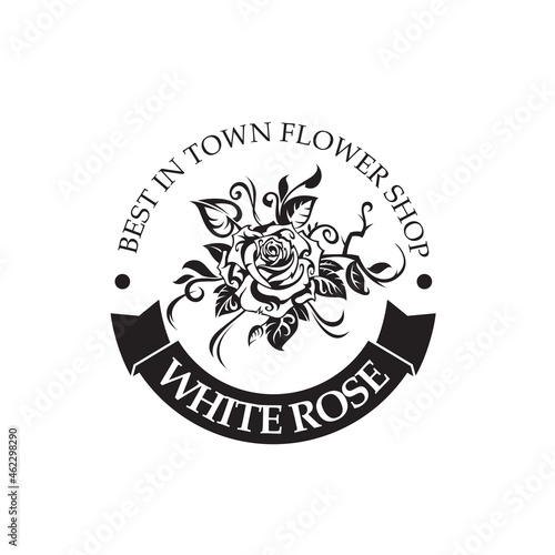 emblem of white rose bud for flower shop isolated on white background