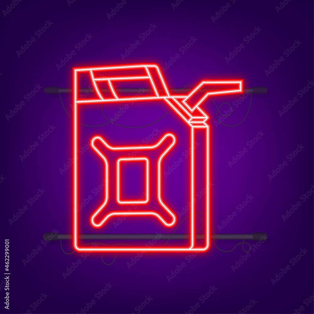 Red canister. Fueling gasoline or diesel web banner. Filling stations network, petroleum. Neon style. Vector illustration Red canister. Fueling gasoline or diesel web banner. Filling stations network, petroleum. Neon style. Vector illustration