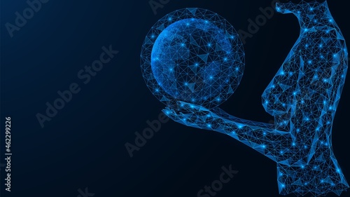 The girl is holding the planet Earth in her hands. A low-poly construction of interconnected lines and dots. Blue background.