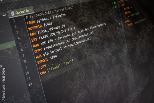 Принти на полотні Docker file Hello World code on screen