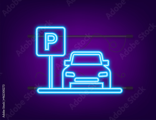 Template with parking. Logo, icon, label. Parking on white background. Neon icon. Web element. Vector stock illustration