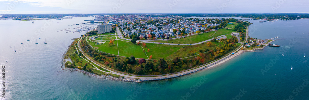 Aerial view of Portland East End, Fish Point, Munjoy Hill and Portland Harbor panorama in city of Portland, Maine ME, USA. 