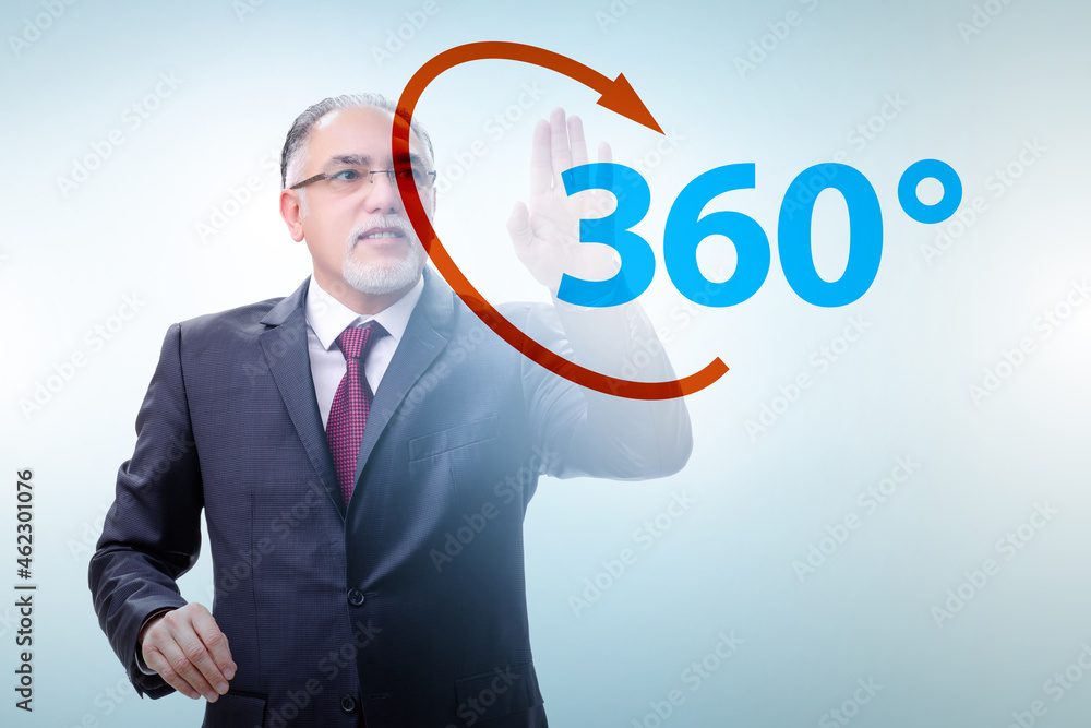 360 degree concept with businessman pressing button 360 degree concept with businessman pressing button