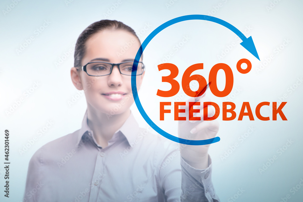 360 degree concept with businesswoman pressing button 360 degree concept with businesswoman pressing button
