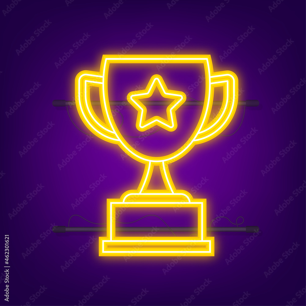 Trophy Cup Vector Flat Icon with star and laurel wreath. Neon icon. Vector illustration