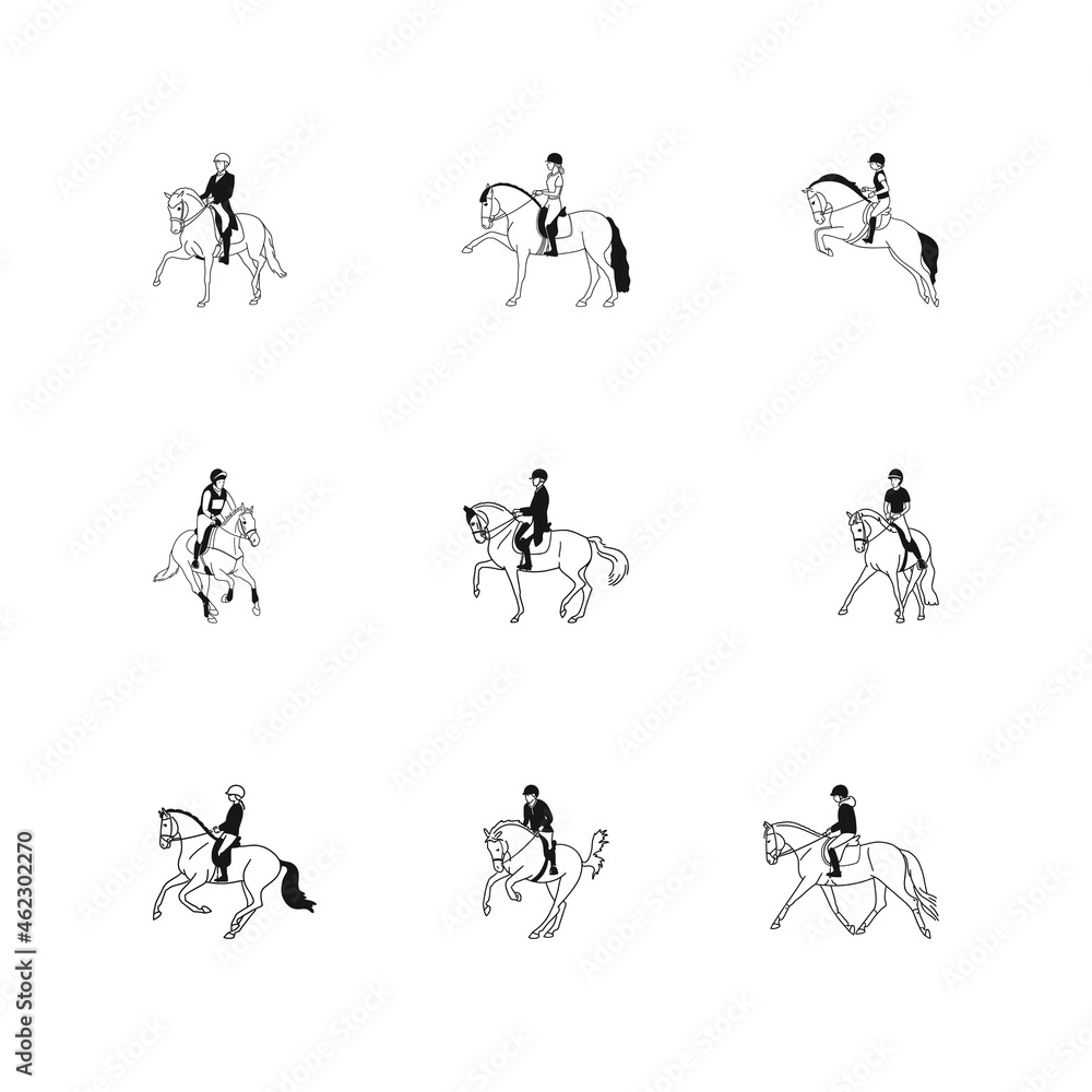 Set of vector drawings on the theme of horse riding