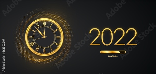 Happy New Year 2022. Golden metallic numbers 2022, gold watch with Roman numeral and countdown midnight with loading bar on shimmering background. Bursting backdrop with glitters. Vector illustration.