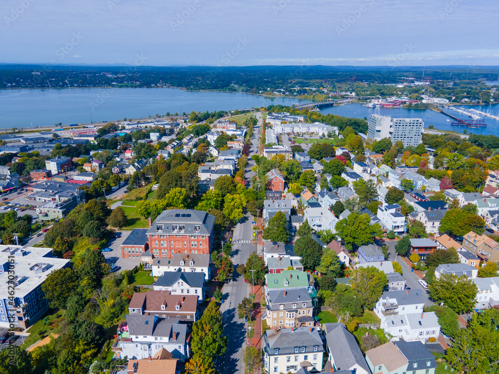 Munjoy Hill historic residence community close up aerial view in Portland, Maine ME, USA. 