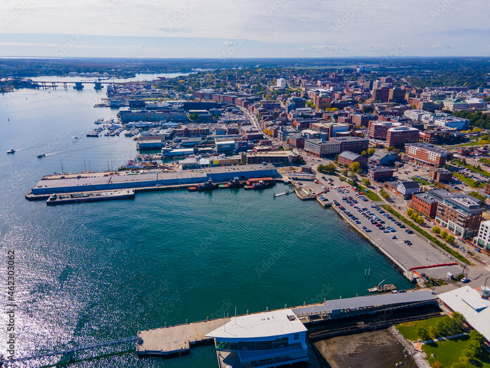 Aerial view of Portland Old Port and Fore River in downtown Portland, Maine ME, USA. 