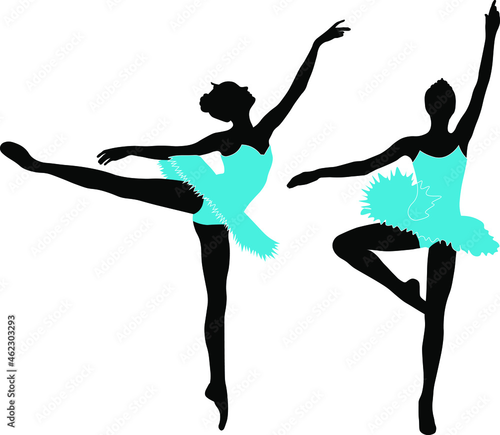 dancing ballerina, black silhouettes in blue dresses on a white background dancing ballerina, black silhouettes in blue dresses on a white background