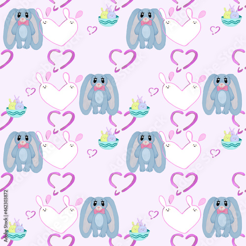 Fototapeta Naklejka Na Ścianę i Meble -  seamless pattern cute blue plush bunny with big ears and pink bow on the neck in cartoon style on a white background with pink hearts ,holiday, animals, toys , kindergarten , easter, print, design