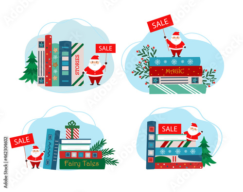 Stack of christmas books with cup, Santa Claus figure and christmas decoration and SALE inscription. Christmas, winter sale for bookstore, lbookshop. Christmas, winter reading.