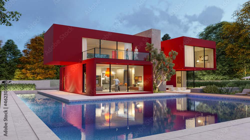 3D rendering of a big contemporary red villa with impressive garden and pool in the evening