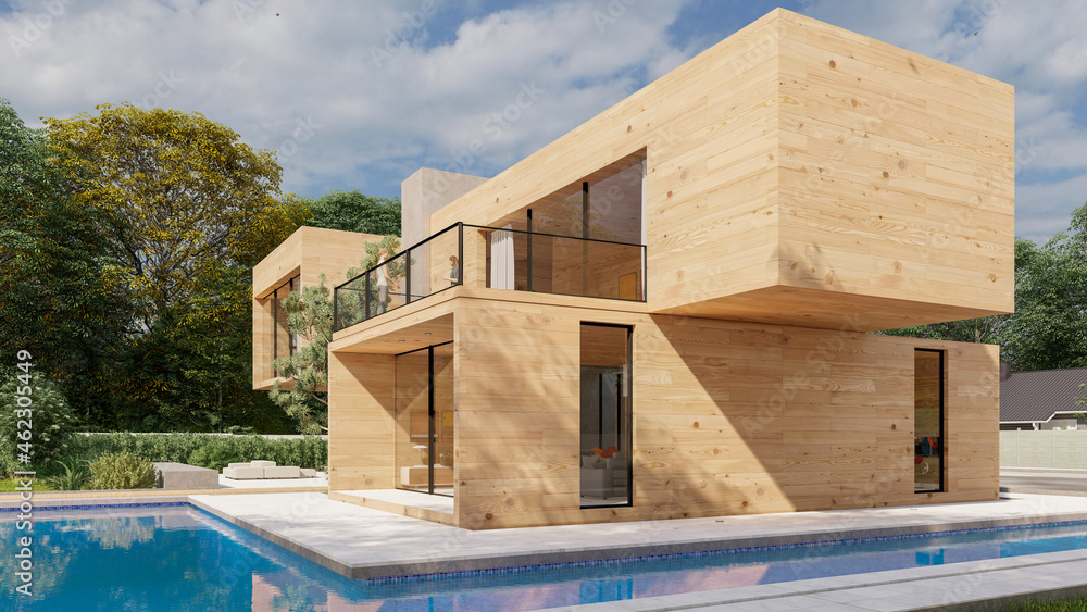 Big contemporary villa in light wood with pool and garden Big contemporary villa in light wood with pool and garden