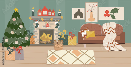 Cozy Christmas living room with Christmas tree, fireplace and Scandinavian style sofa. New Year decorations, garlands, socks and gifts in the room. Vector illustration in a flat hand drawn style
