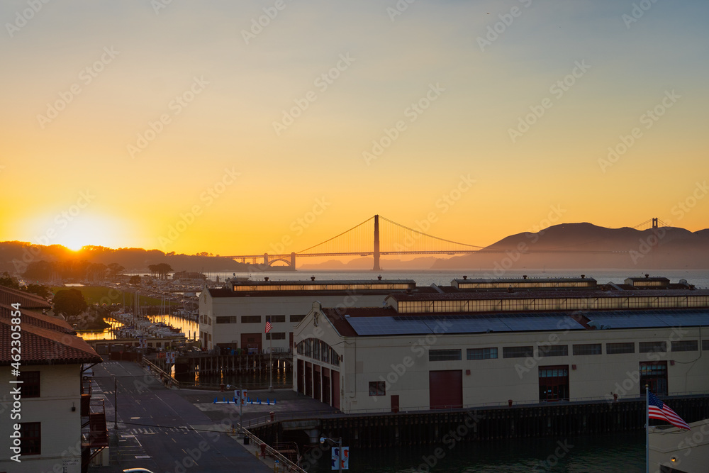 Sunset on the golden gate bridge from fort Mason