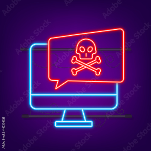 Cyber attack. Data Phishing with fishing hook, laptop, internet security. Neon icon. Vector stock illustration