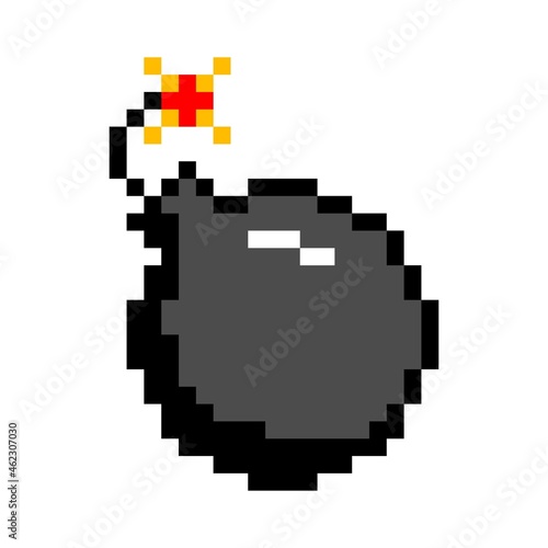 Pixel bomb with burning wick icon. Black dynamite weapon ready to explode. Symbol of explosive discounts and gaming 8bit graphics. Powerful vintage vector grenade