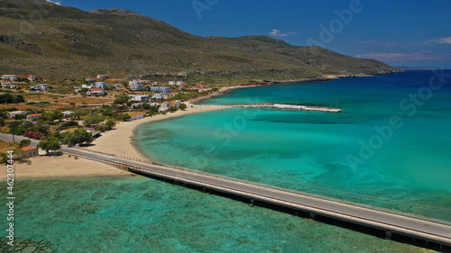 Aerial drone photo of main port of Kythera island and turquoise exotic beach of Diakofti, Ionian, Greece photo