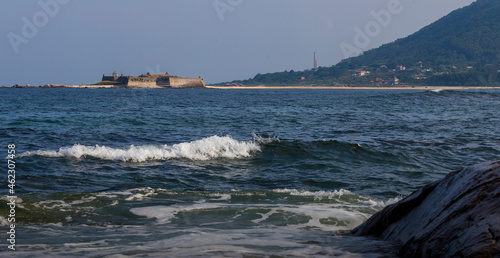 Landscape of the beach of Moledo, Portugal and background of the mountains of Santa Tegra, Spain. photo