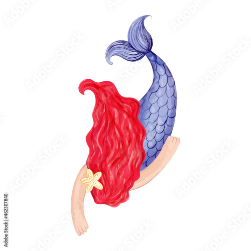Cute mermaid with red hair on a white background. watercolor illustration