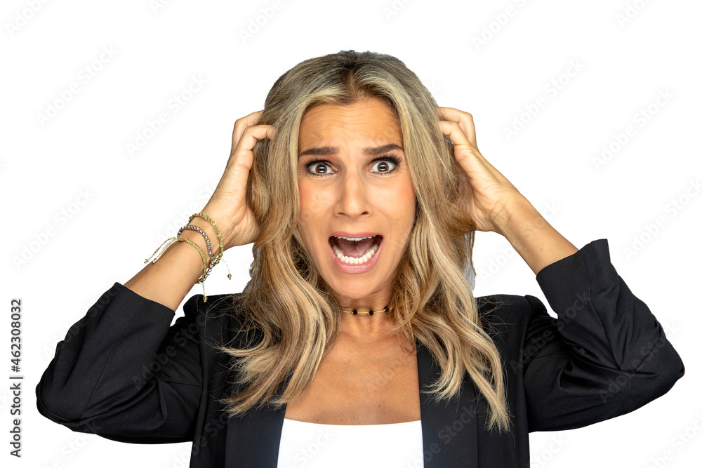 Frustrated woman photographed against a white background Frustrated woman photographed against a white background