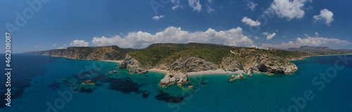 Aerial drone photo of beautiful turquoise paradise beach of Kaladi one of the best in island of Kythera, Ionian, Greece