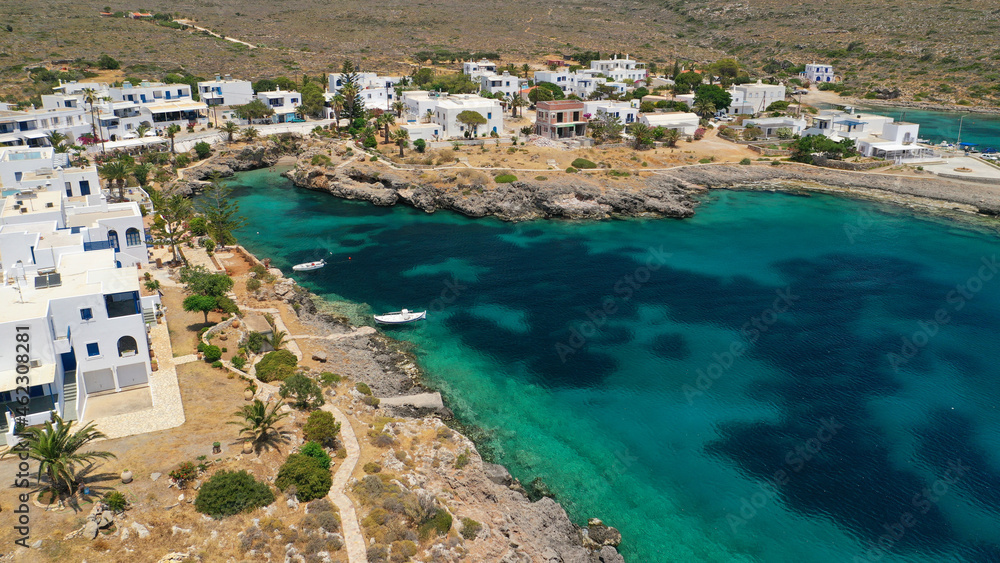 Aerial drone photo of iconic seaside traditional village and castle of Avlemonas, Kythira island, Ionian, Greece Aerial drone photo of iconic seaside traditional village and castle of Avlemonas, Kythira island, Ionian, Greece
