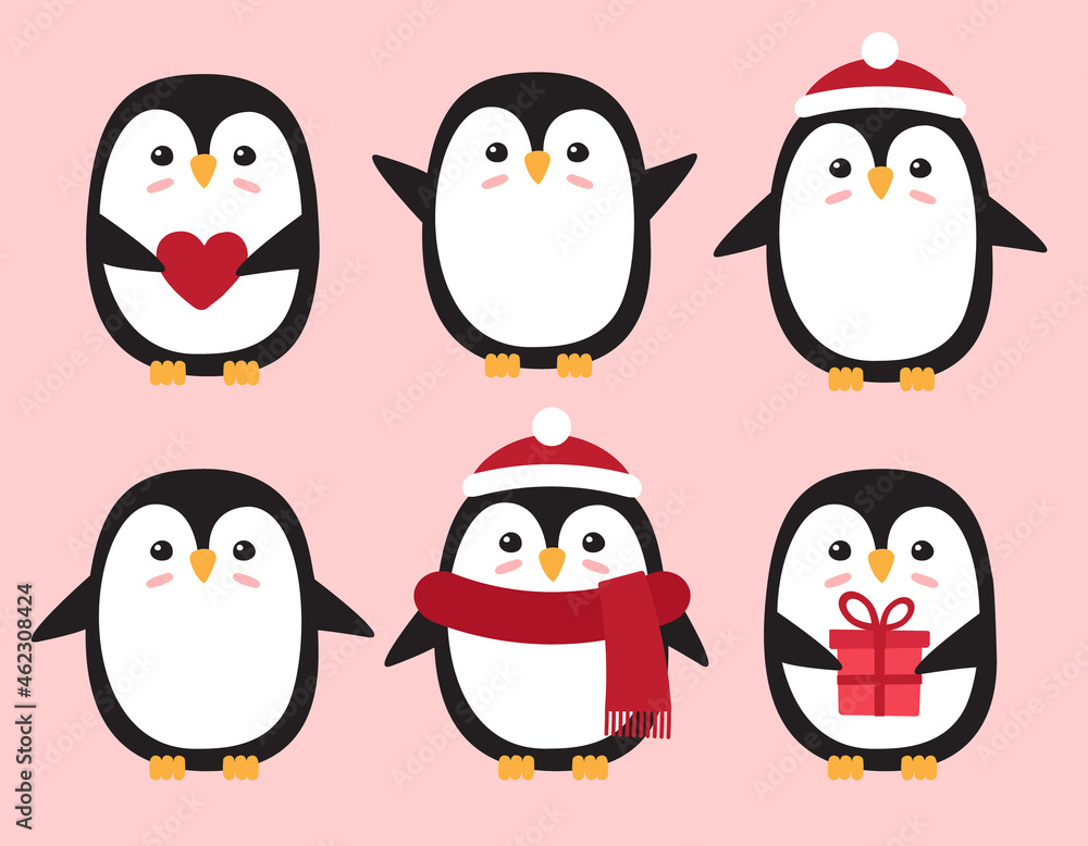 Obraz premium Vector set bundle of flat cartoon penguin in hat and scarf isolated on pink background