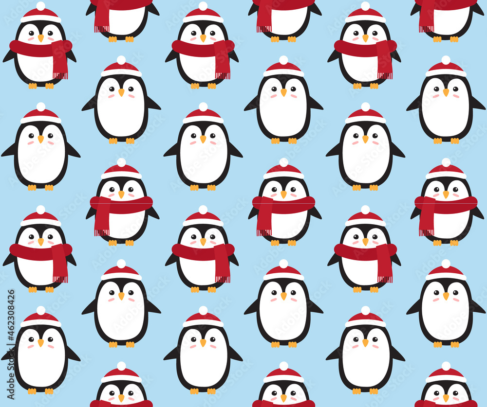 Vector seamless pattern of flat cartoon penguin in hat and scarf isolated on blue background