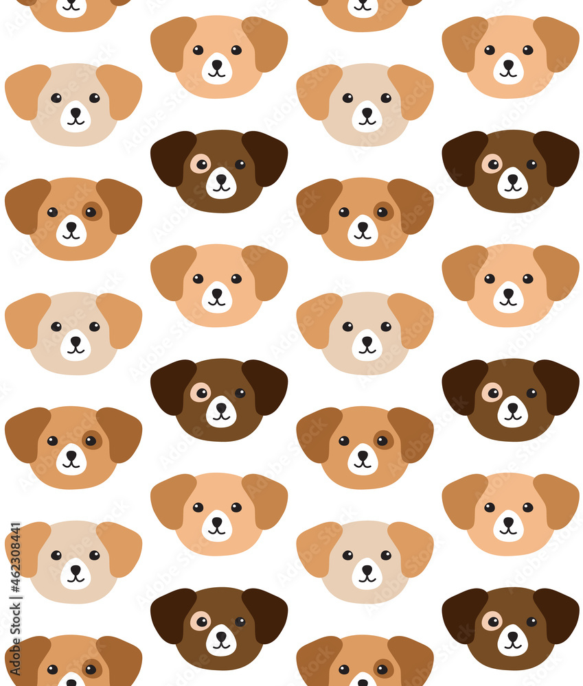 Vector seamless pattern of flat cartoon hand drawn colored dog face head isolated on white background Vector seamless pattern of flat cartoon hand drawn colored dog face head isolated on white background