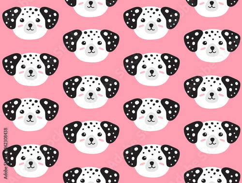 Vector flat cartoon hand drawn Dalmatian dog face head isolated on pink background