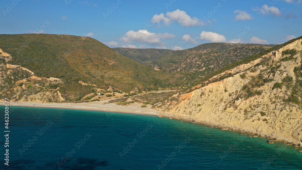 Aerial drone photo of beautiful turquoise beach of Komponada, Kythira island, Ionian, Greece