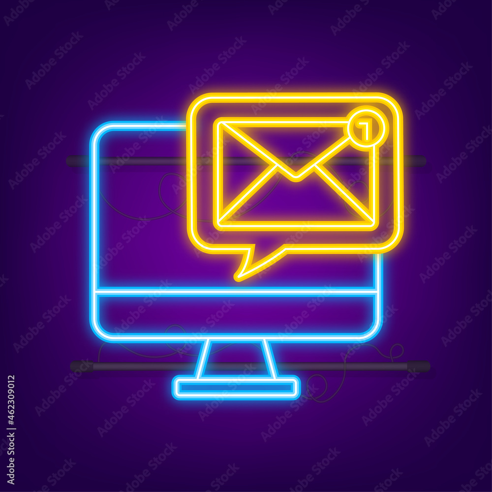 Email notification concept. Neon icon. New email. E-mail Marketing. Notification bell. Vector illustration Email notification concept. Neon icon. New email. E-mail Marketing. Notification bell. Vector illustration