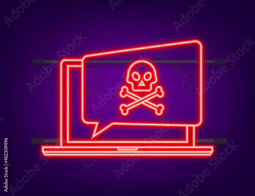 Cyber attack. Neon icon. Data Phishing with fishing hook, laptop, internet security. Vector stock illustration