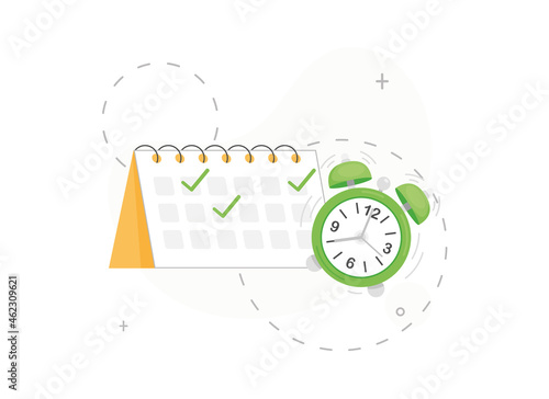 Calendar event reminder. Alarm clock with calendar. Check mark or tick. Colorful vector illustration isolated in white background